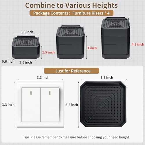 Adjustable Bed Riser for Sofa Desk or Chair Set of 4 with Easy Mount Durable Design