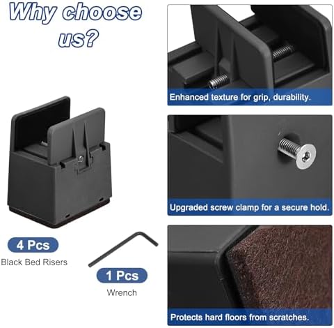 4-Piece Black Bed Risers Adjustable Sturdy for 5000 lbs Perfect for Home Kitchen