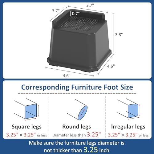 3-Inch Heavy Duty Bed Risers Set of 6 L-Shaped for Sofa Chair Desk Black Easy to Use Safe for Wood Floors