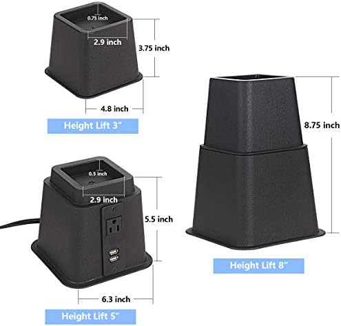 Butizone Bed Risers with USB and Power Outlet Adjustable 3 5 8 Inch 4 Piece Set Black