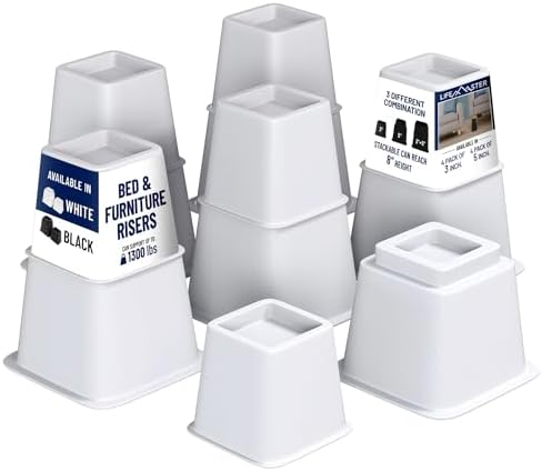 8pcs Bed Risers Set - 35 Inch Adjustable Heavy Duty Furniture Risers for Sofa Couch and Under Bed Storage White
