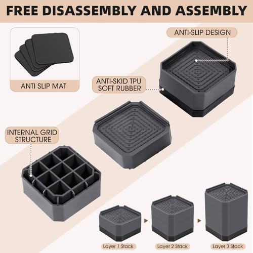 Adjustable Bed Riser for 15-3 inches Durable Non-Slip for Beds Sofas Load up to 4000 lbs Grey