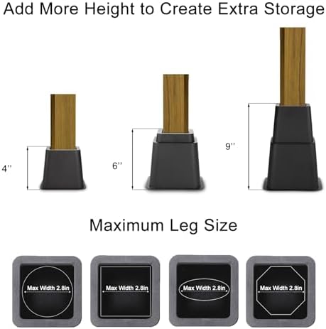 Equal to 1300 lbs bed risers stackable bed furniture risers heights of 4- 6- and 9-inch in US