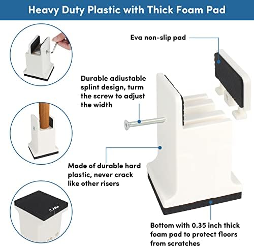 DEDU Bed Risers Adjustable Screw Clamp 3 Inch 4 Pack Heavy Duty White