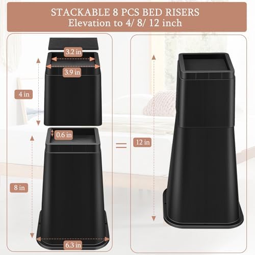 Set of 4 12 Inch Heavy Duty Bed Risers Black