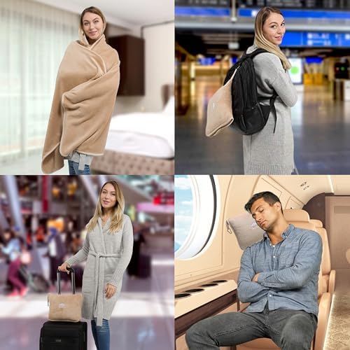 BlueHills Travel Beam - Premium Soft Airplane Blanket Pillow for Travelers Beige