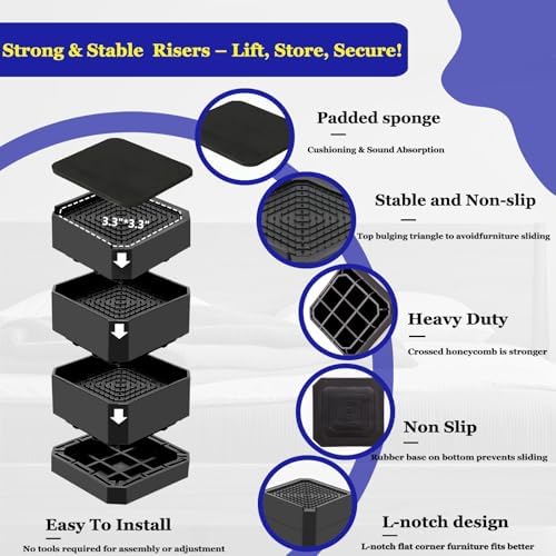 Sturdy Bed Risers for 4000 lbs Black 4 Pack