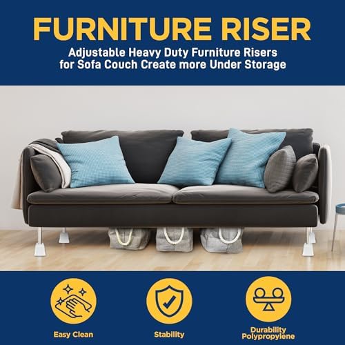8pcs Bed Risers Set - 35 Inch Adjustable Heavy Duty Furniture Risers for Sofa Couch and Under Bed Storage White