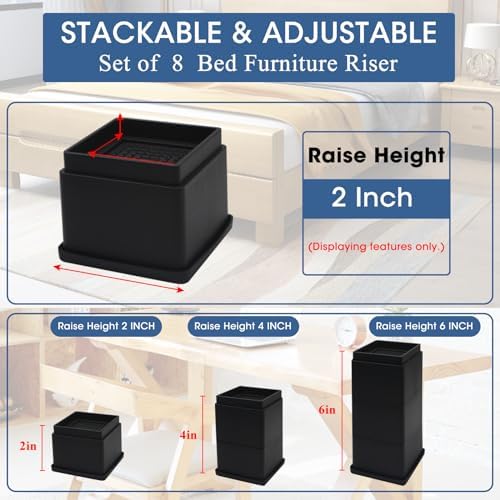 Adjustable Bed Risers 2 Inch Set of 8 with Rubber Pads