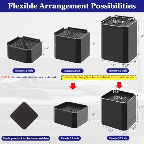 Sturdy Bed Risers for 4000 lbs Black 4 Pack
