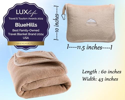 BlueHills Travel Beam - Premium Soft Airplane Blanket Pillow for Travelers Beige