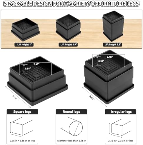 Adjust Your Bed - Stackable Elevation Risers with 4 Positions for Sofa Chair Tables 1-inch Adjustment