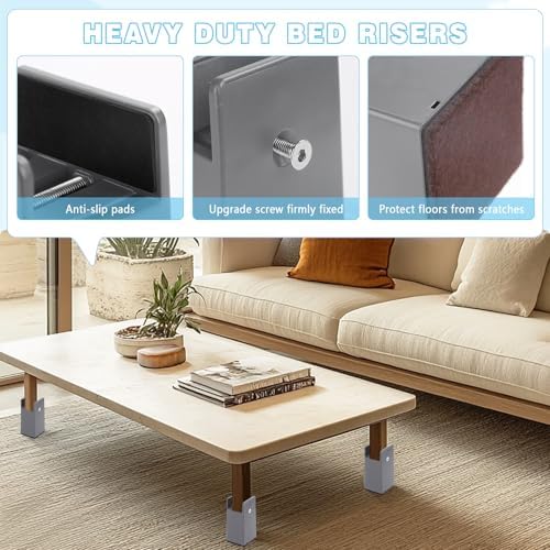 SEISSO Heavy-Duty 4-Piece Bed Risers Adjustable 4 Tall for 1000 lbs