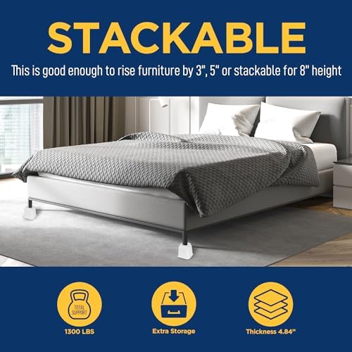 8pcs Bed Risers Set - 35 Inch Adjustable Heavy Duty Furniture Risers for Sofa Couch and Under Bed Storage White