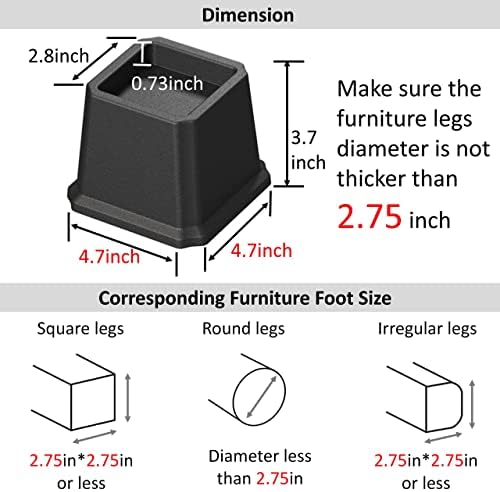 Whynonap Bed Risers Ultimate 3-Inch Heavy Duty Bed Elevators for Sofa Table Furniture Set of 6 for Up to 3000 Lbs Black