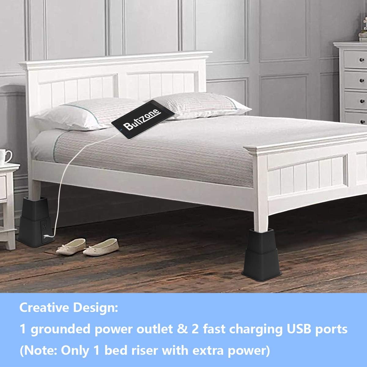 Butizone Bed Risers with USB and Power Outlet Adjustable 3 5 8 Inch 4 Piece Set Black