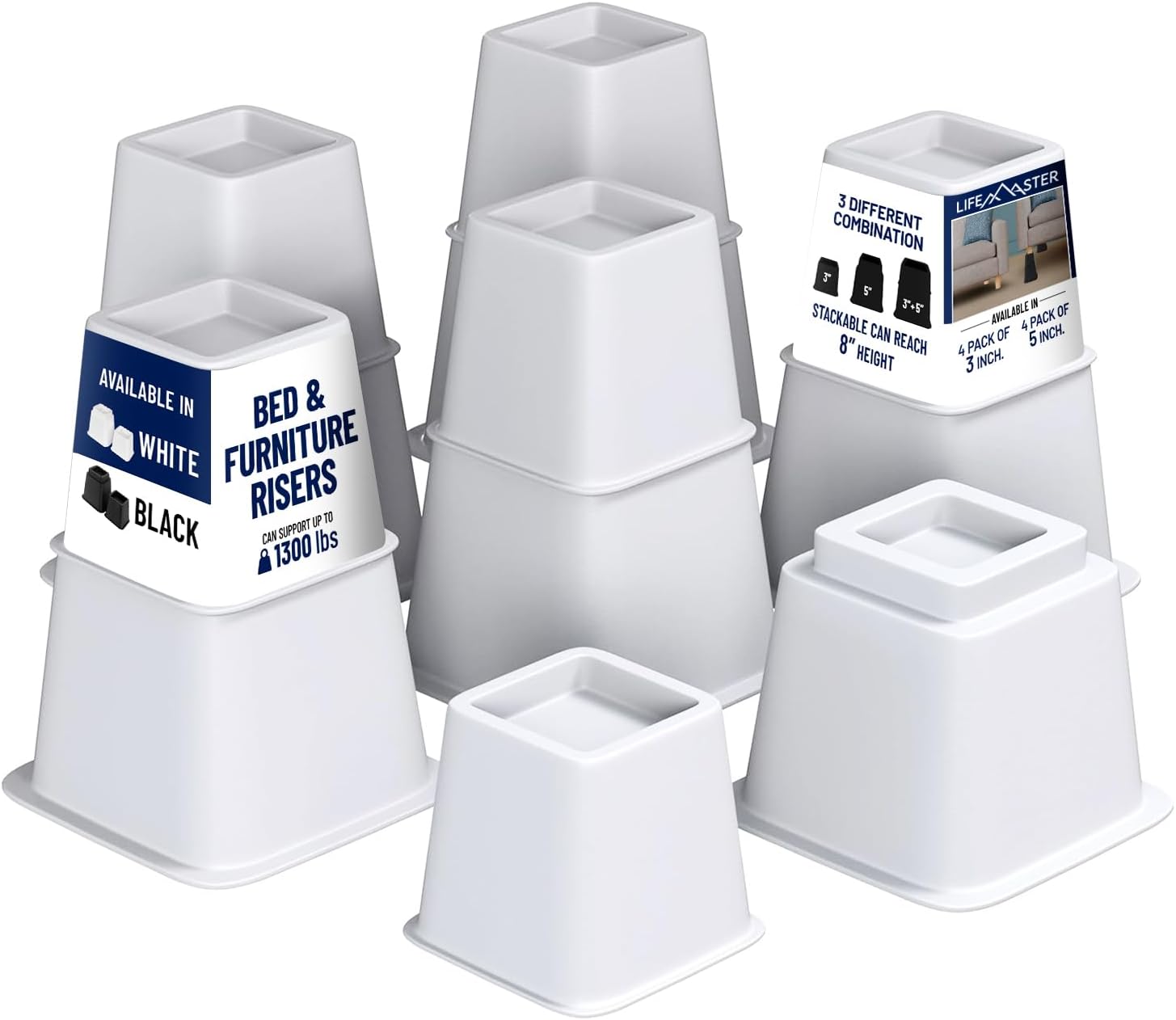 8pcs Bed Risers Set - 35 Inch Adjustable Heavy Duty Furniture Risers for Sofa Couch and Under Bed Storage White