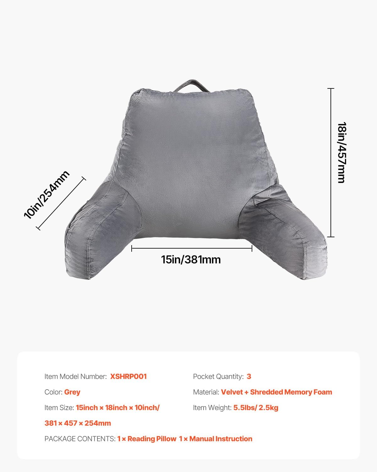 VEVOR Ergonomic Back Pillow for Reading and Gaming Standard Size Memory Foam Comfort Dual Zips