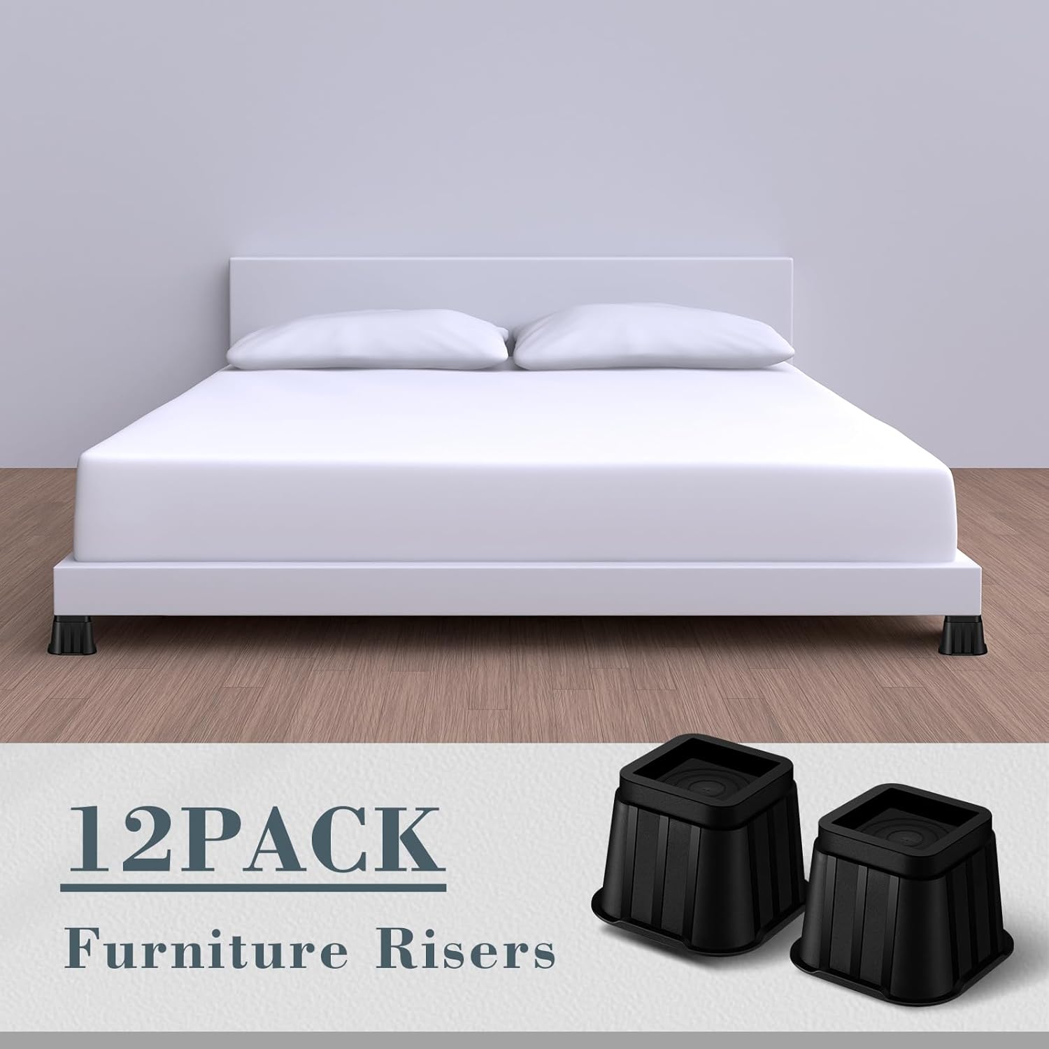 Durable 12-Piece 4-Inch Square Bed Riser with Anti-Slip Shock Absorption for Home Car Factory Dorm and More