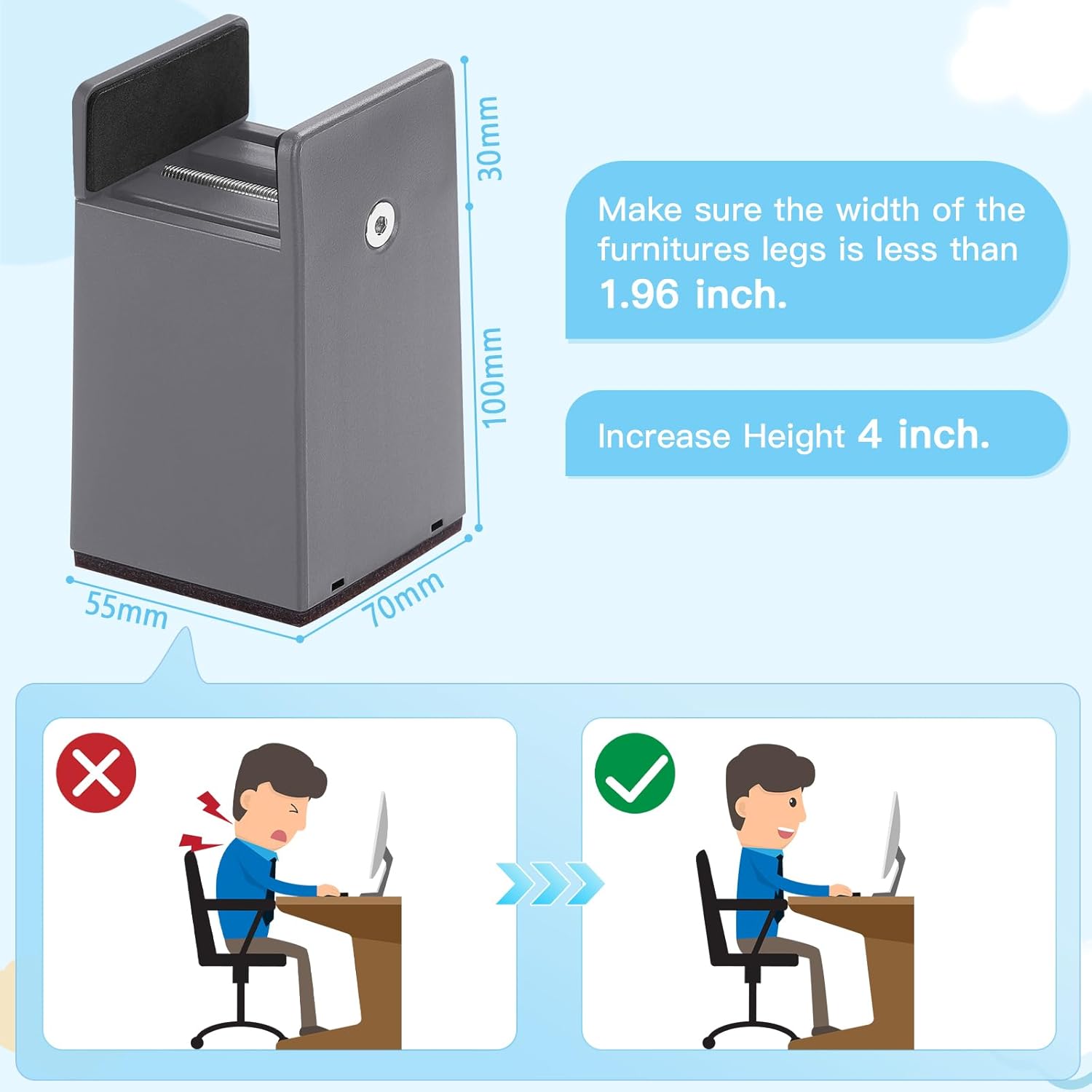 SEISSO Heavy-Duty 4-Piece Bed Risers Adjustable 4 Tall for 1000 lbs