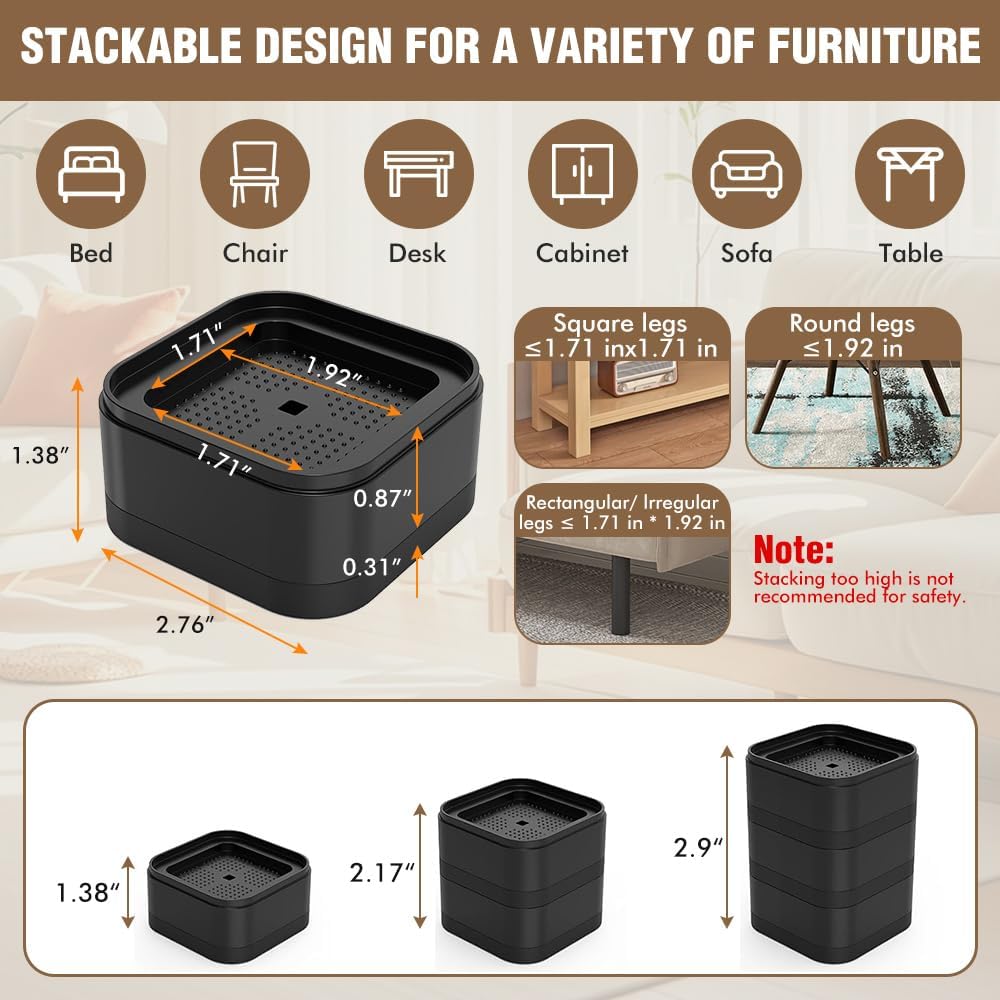 Adjustable Bed Lifts Durable Furniture Risers 4-Pack with Anti-Slip Design for Bed Sofa Table and More