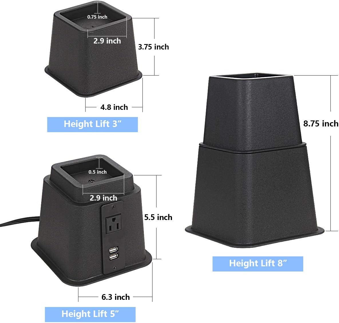 Butizone Bed Risers with USB and Power Outlet Adjustable 3 5 8 Inch 4 Piece Set Black