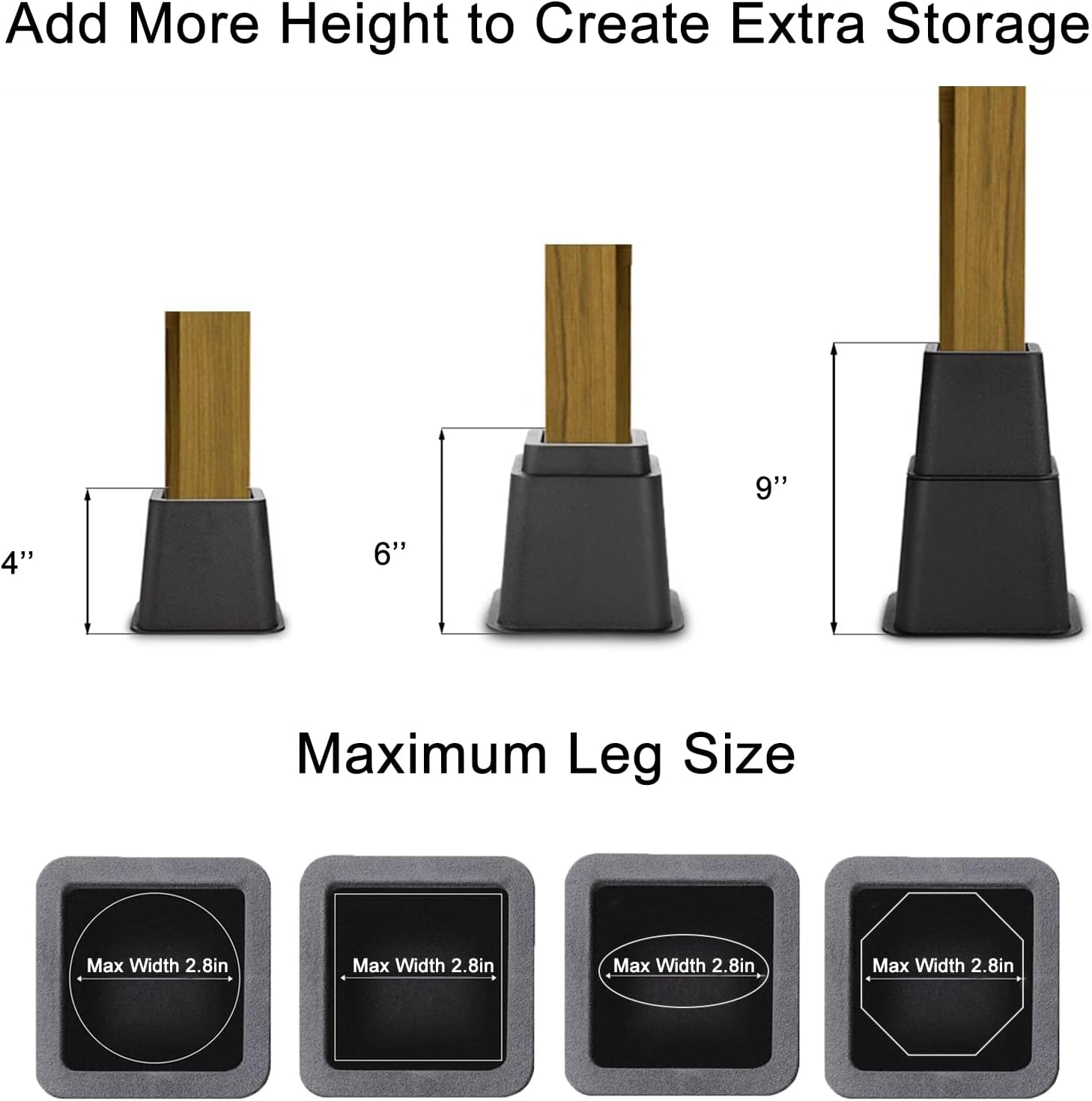 Equal to 1300 lbs bed risers stackable bed furniture risers heights of 4- 6- and 9-inch in US