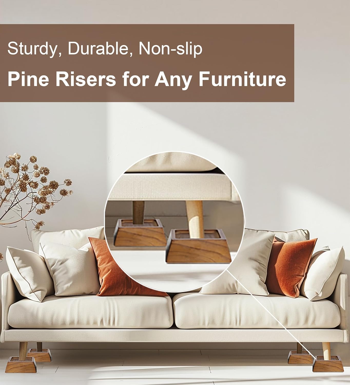 1-Inch Bed Risers for Sofa Desk or Bed Premium Pine Wood Sturdy Stylish 6-Pack