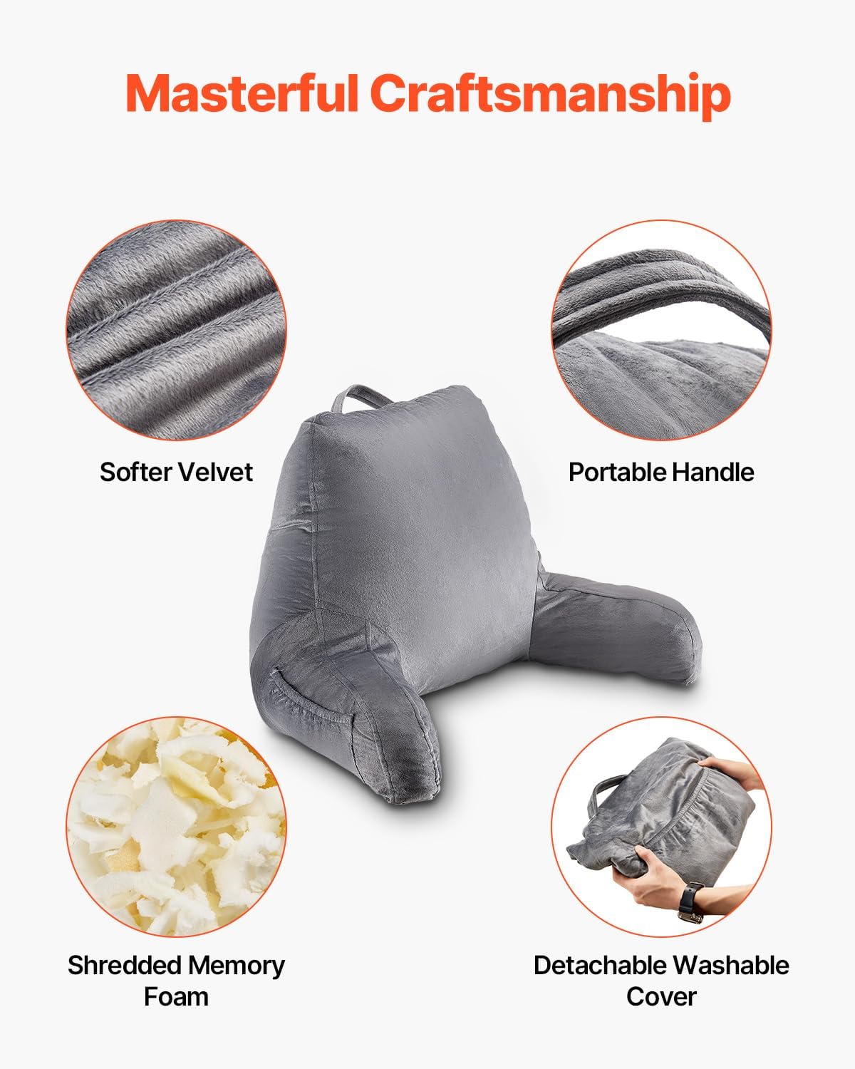 VEVOR Ergonomic Back Pillow for Reading and Gaming Standard Size Memory Foam Comfort Dual Zips