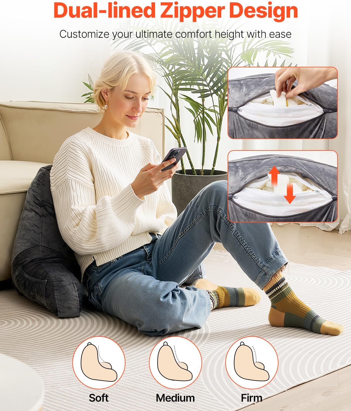 VEVOR Ergonomic Back Pillow for Reading and Gaming Standard Size Memory Foam Comfort Dual Zips