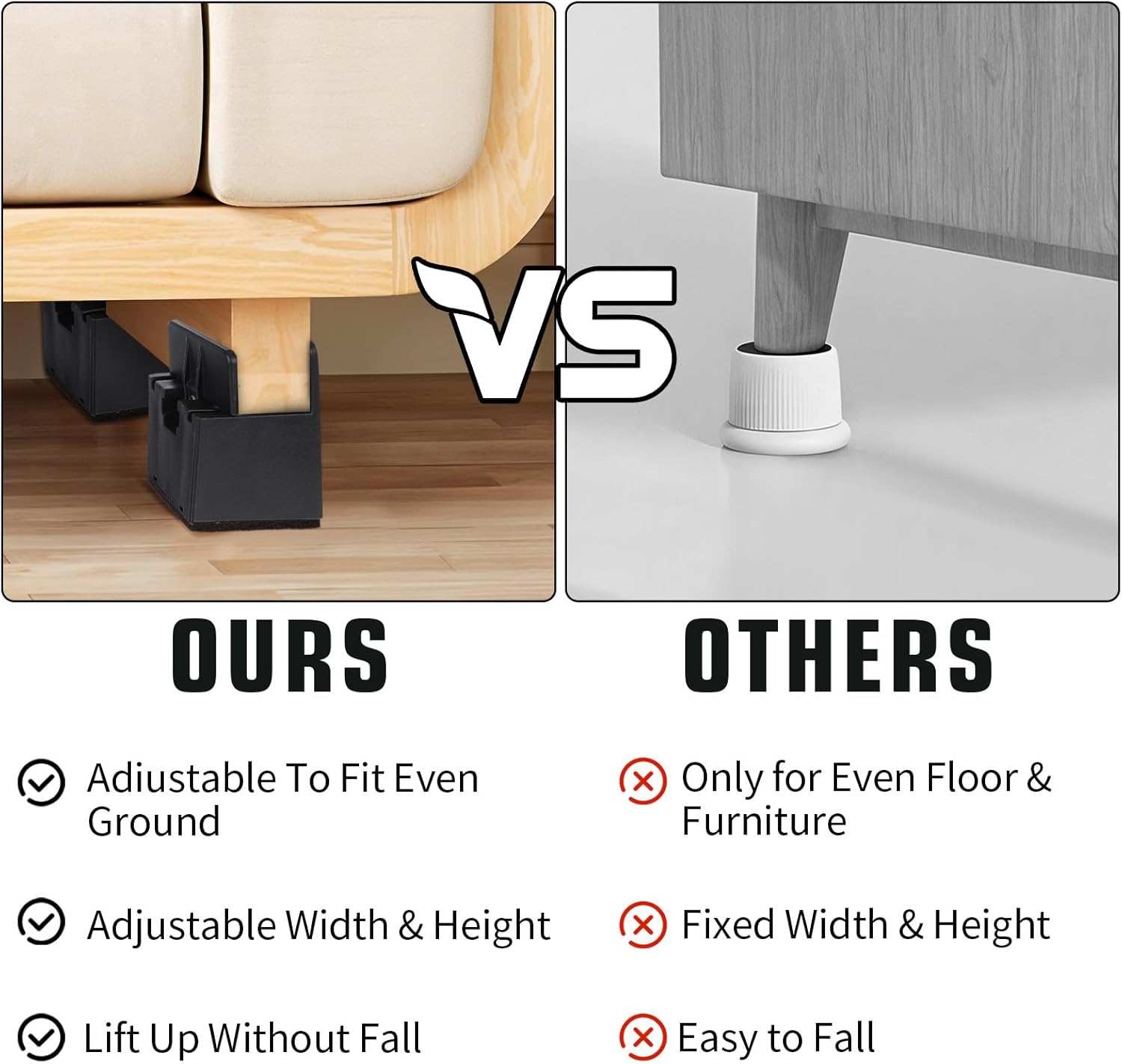 4 PCS 2 Inch Bed Risers Adjustable Furniture Risers Non-Slip Base 500Lbs Support Black