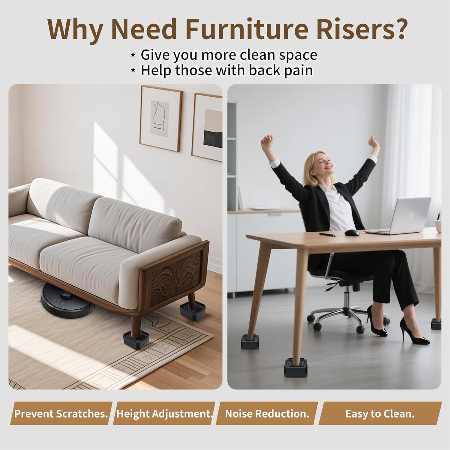 Adjustable Bed Riser for Sofa Desk or Chair Set of 4 with Easy Mount Durable Design