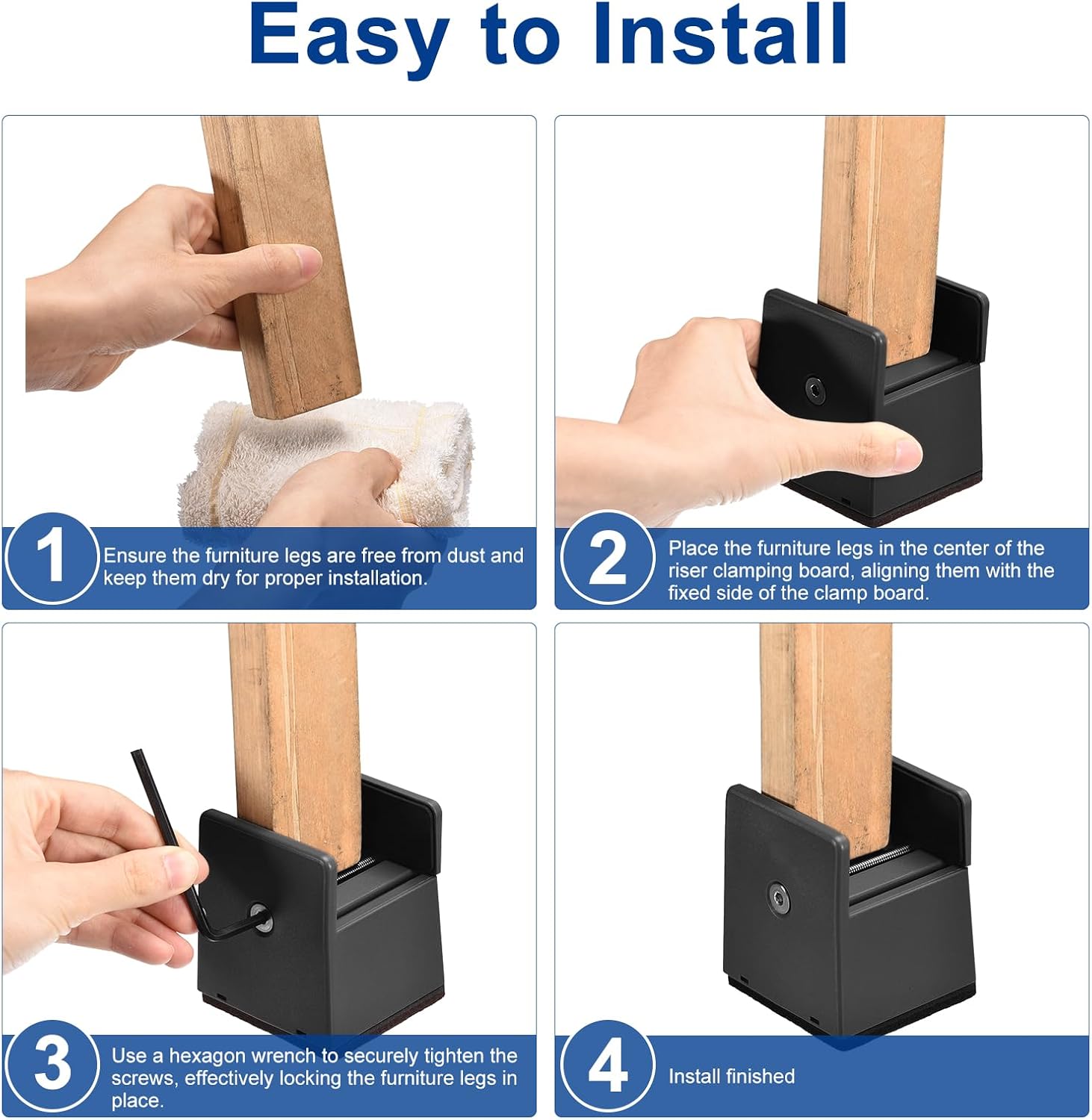 4-Piece Black Bed Risers Adjustable Sturdy for 5000 lbs Perfect for Home Kitchen