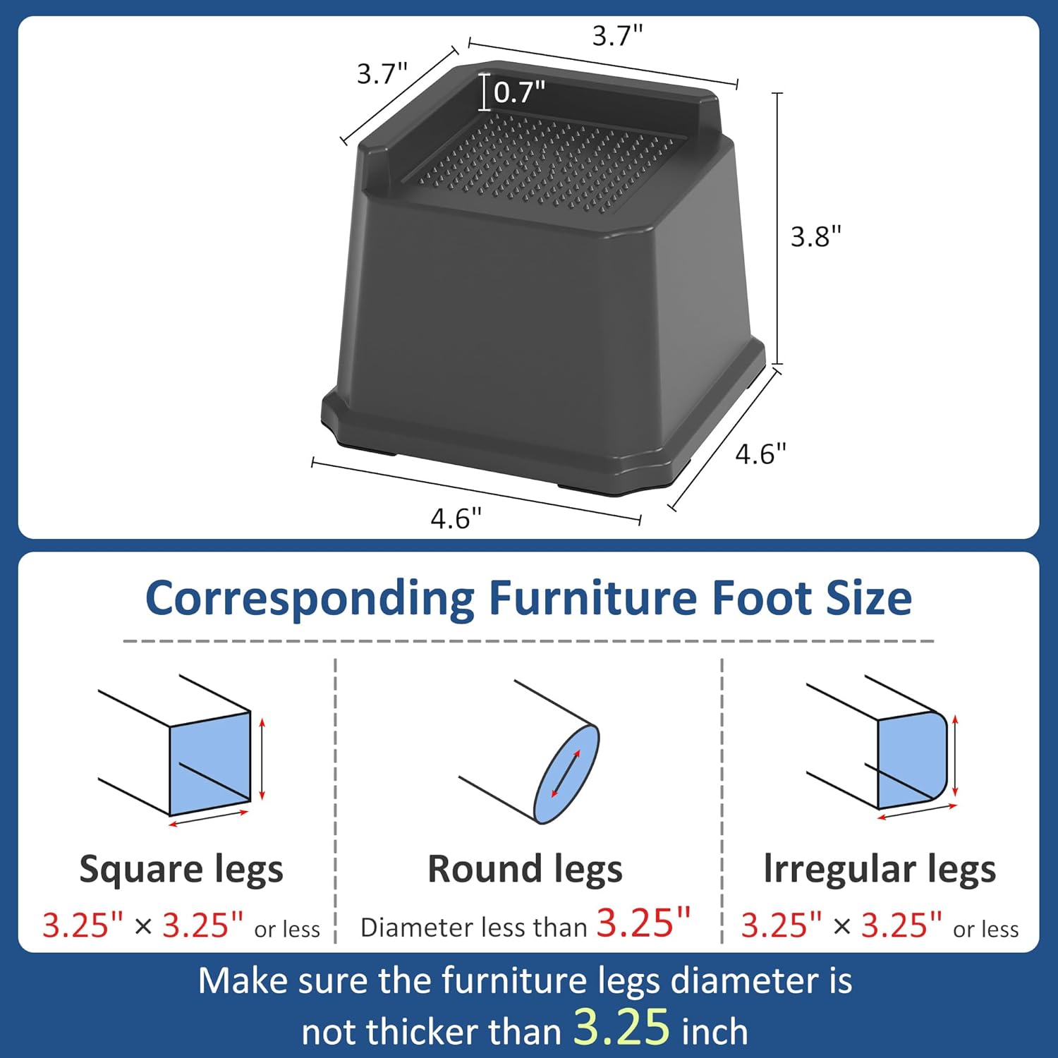 3-Inch Heavy Duty Bed Risers Set of 6 L-Shaped for Sofa Chair Desk Black Easy to Use Safe for Wood Floors