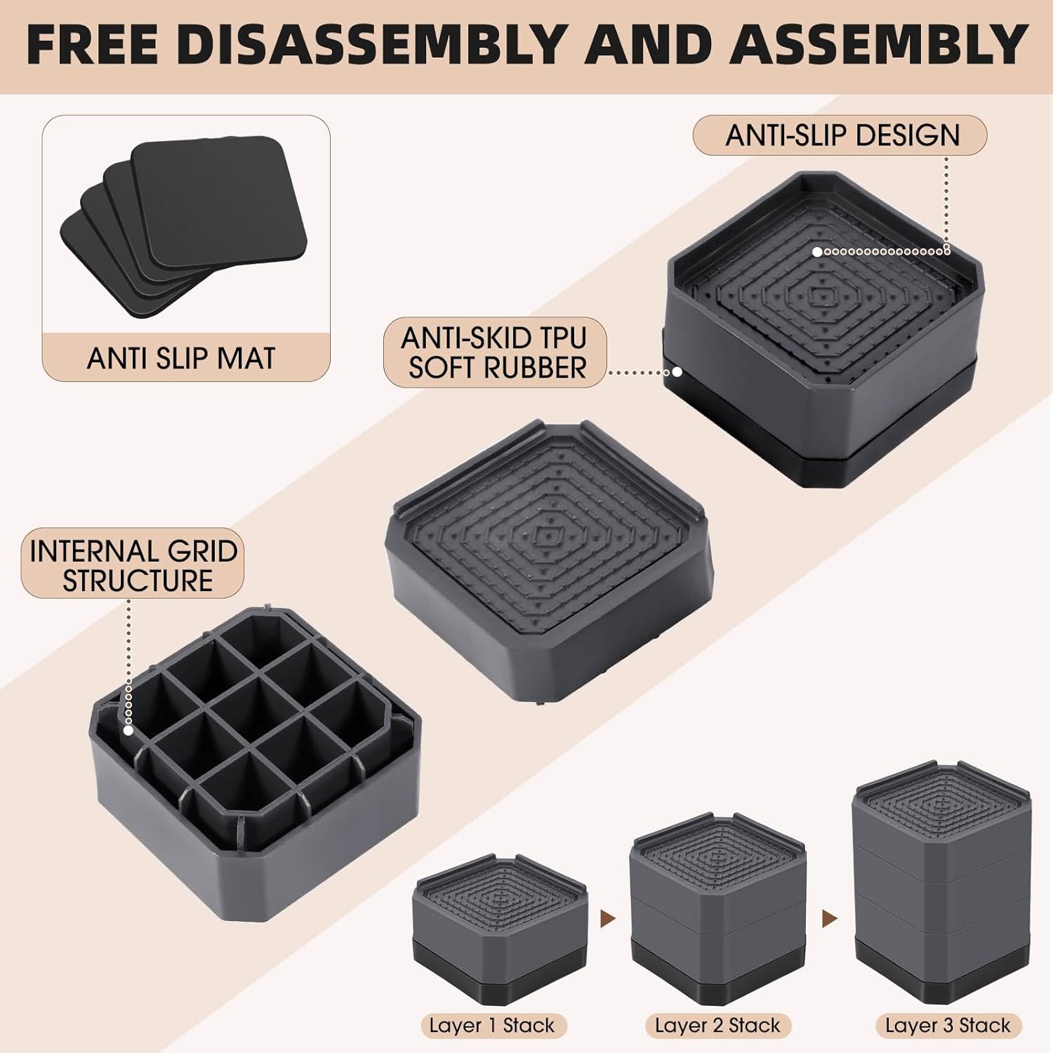 Adjustable Bed Riser for 15-3 inches Durable Non-Slip for Beds Sofas Load up to 4000 lbs Grey