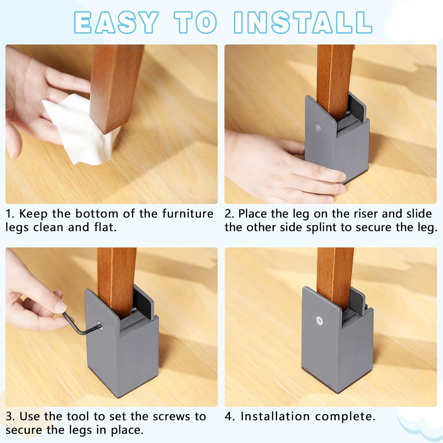 SEISSO Heavy-Duty 4-Piece Bed Risers Adjustable 4 Tall for 1000 lbs
