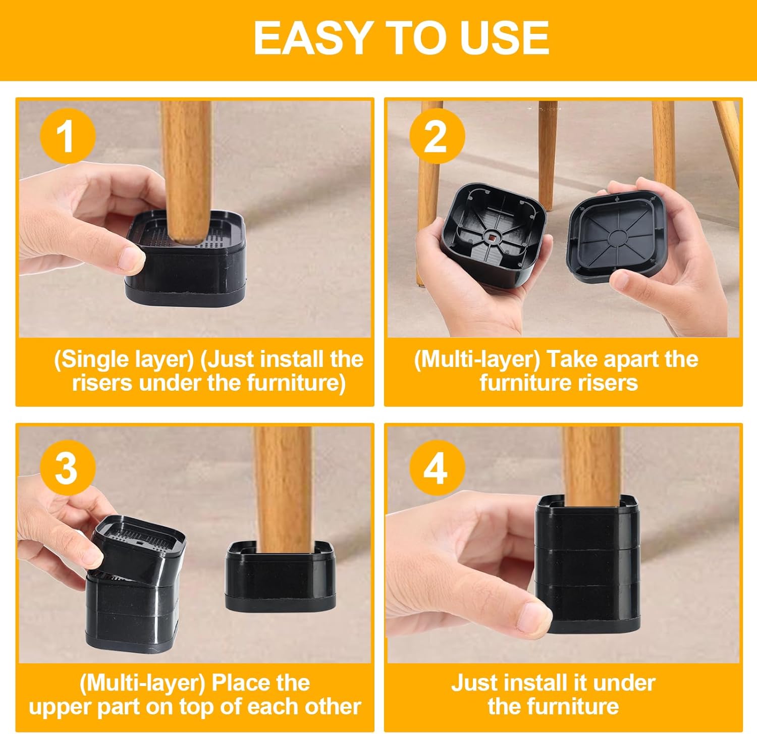 Adjustable Bed Lifts Durable Furniture Risers 4-Pack with Anti-Slip Design for Bed Sofa Table and More