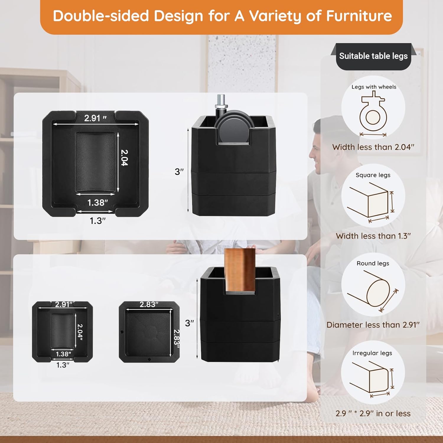 JONHWI3-Inch Bed Riser 4-Pack Set Heavy Duty Adjustable for couch desk and bed