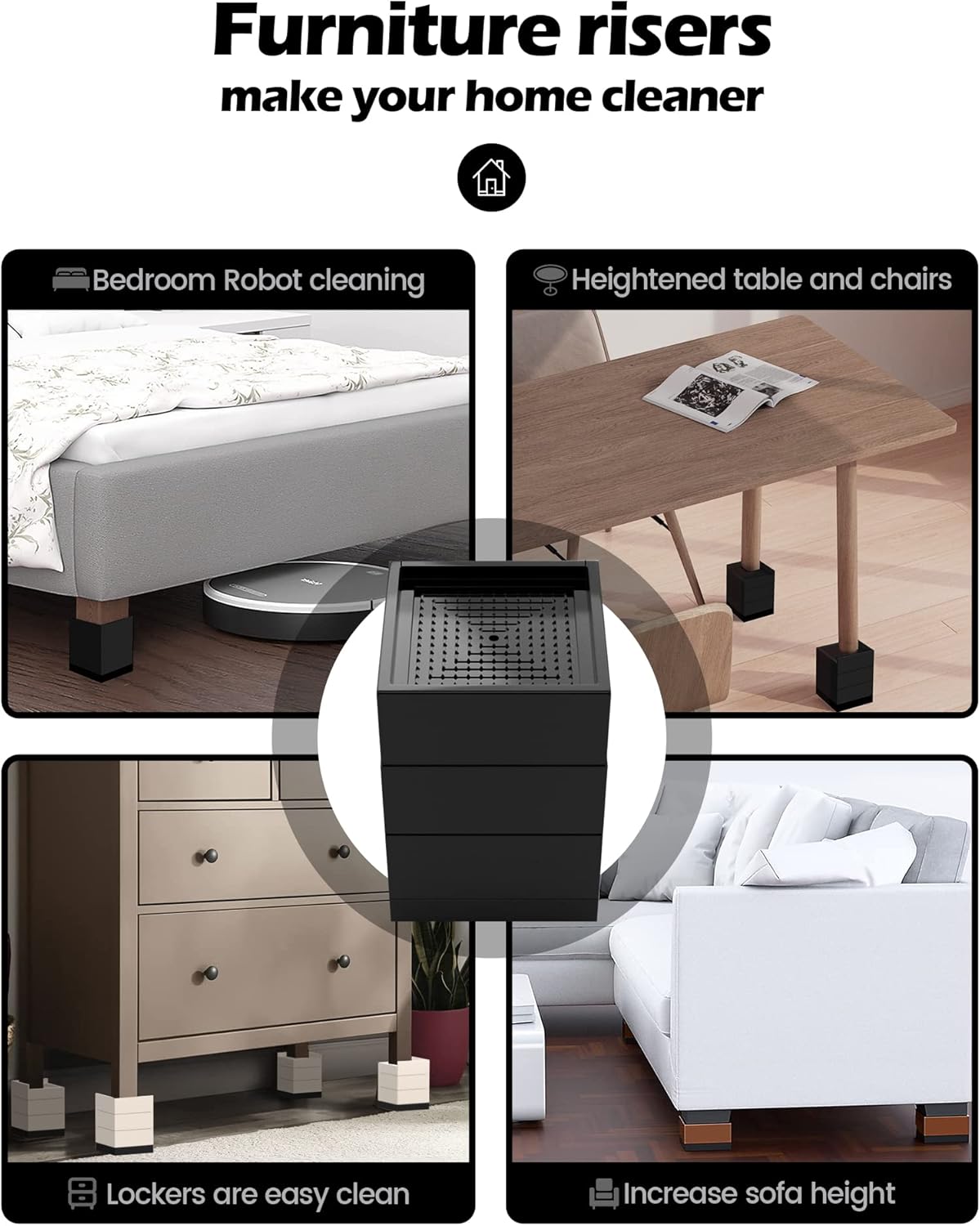 Furniture Risers Tclouda bed sofa desk chair legs fridge lift to 4 in - Black Square
