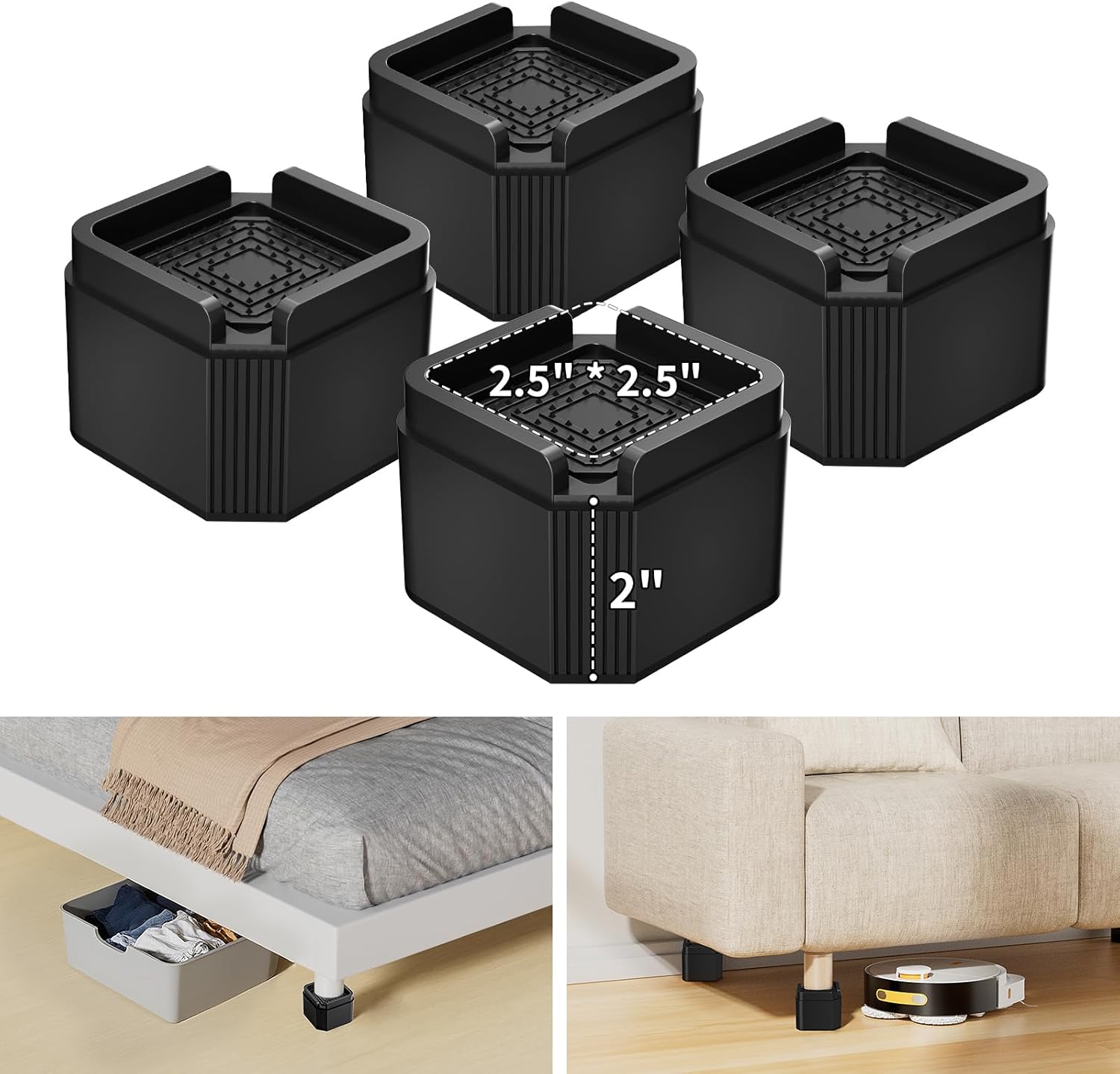 Sturdy 4-Piece Bed Risers 2 Inch Stackable Bed Risers for Sofa Desk More