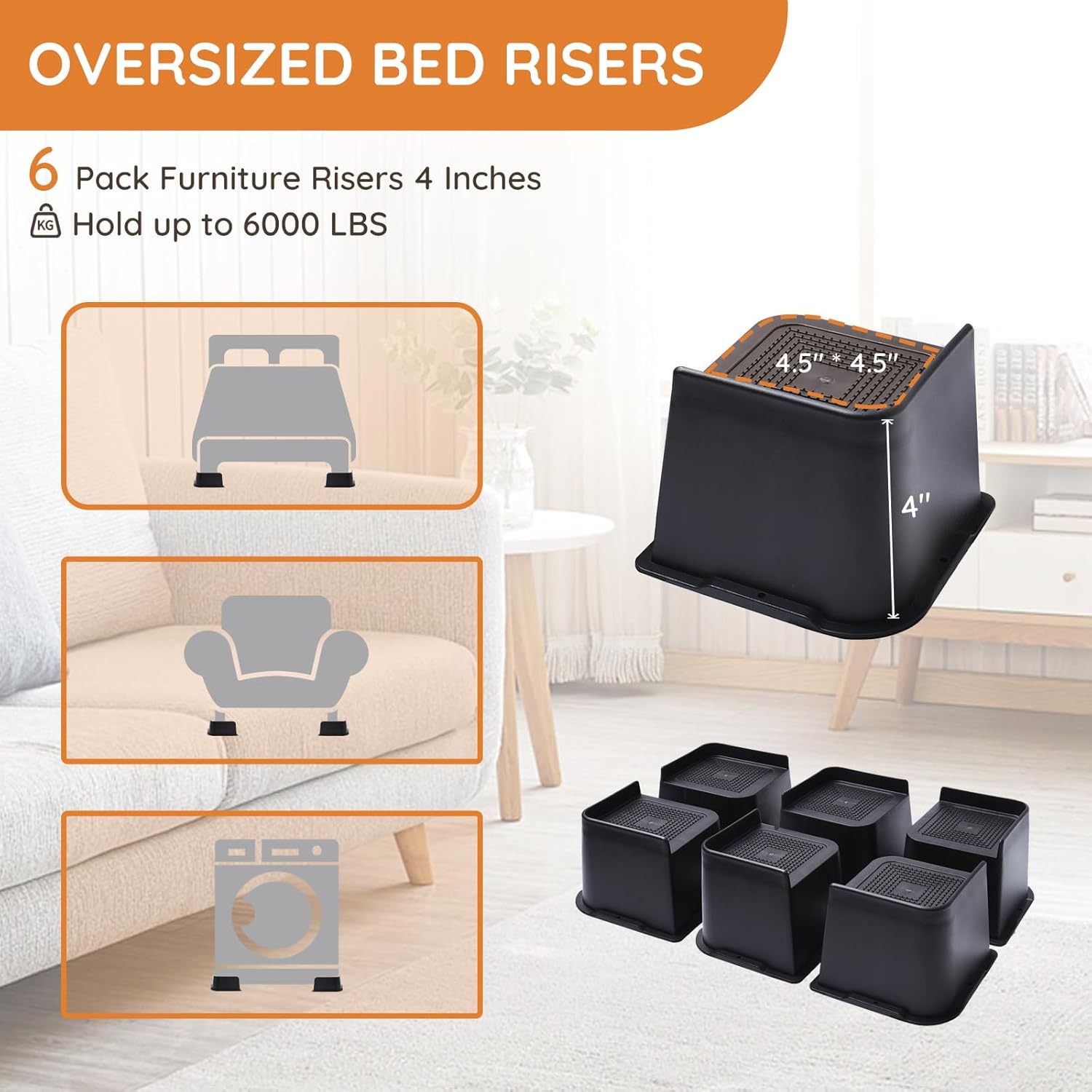 Sturdy Bed Risers Elevate Your Comfort with 6-Pack Support up to 6000 Lbs