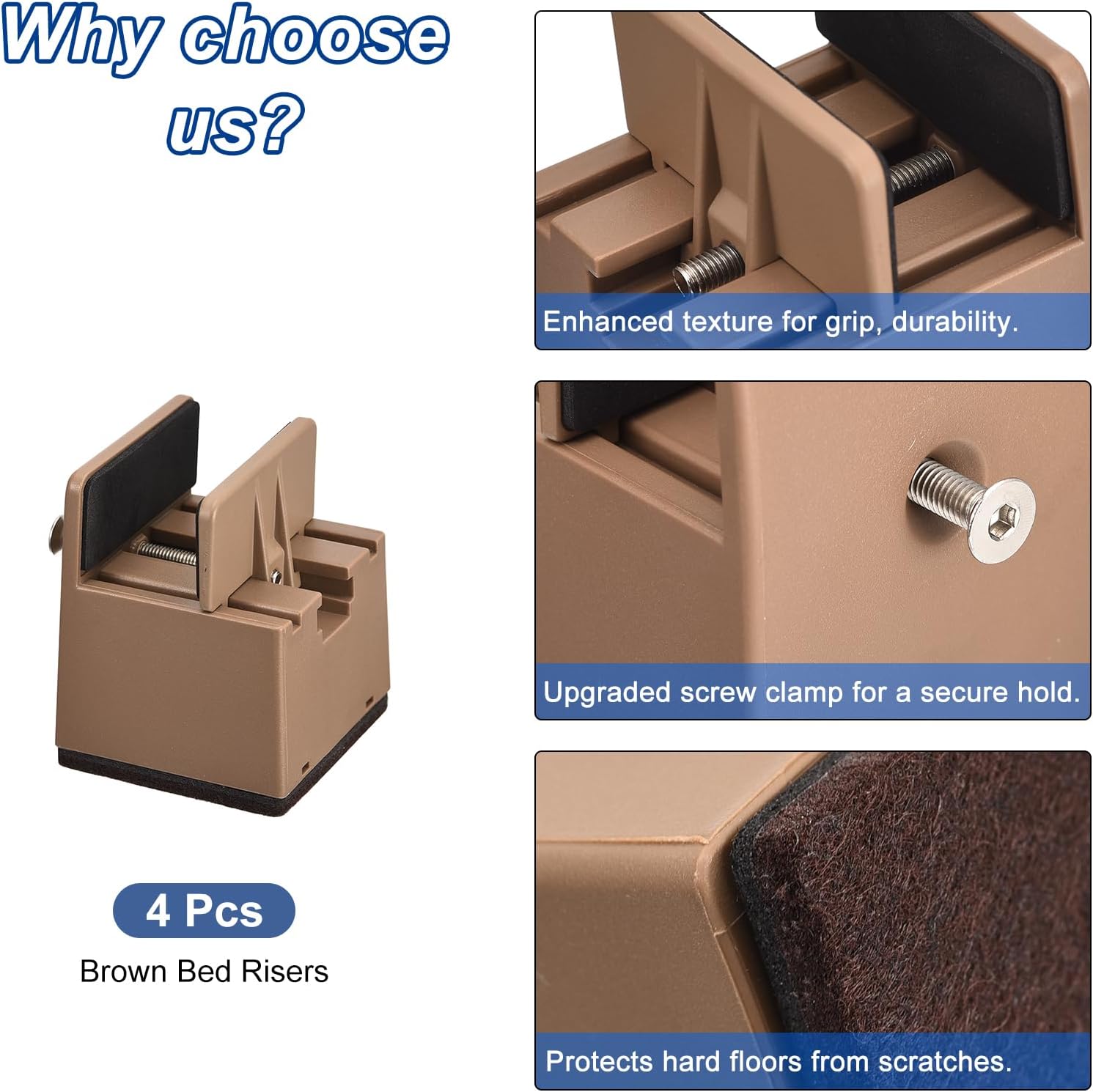 Sturdy 2-inch Bed Risers for Beds Desks Sofas 4Pcs with Adjustable Clamps