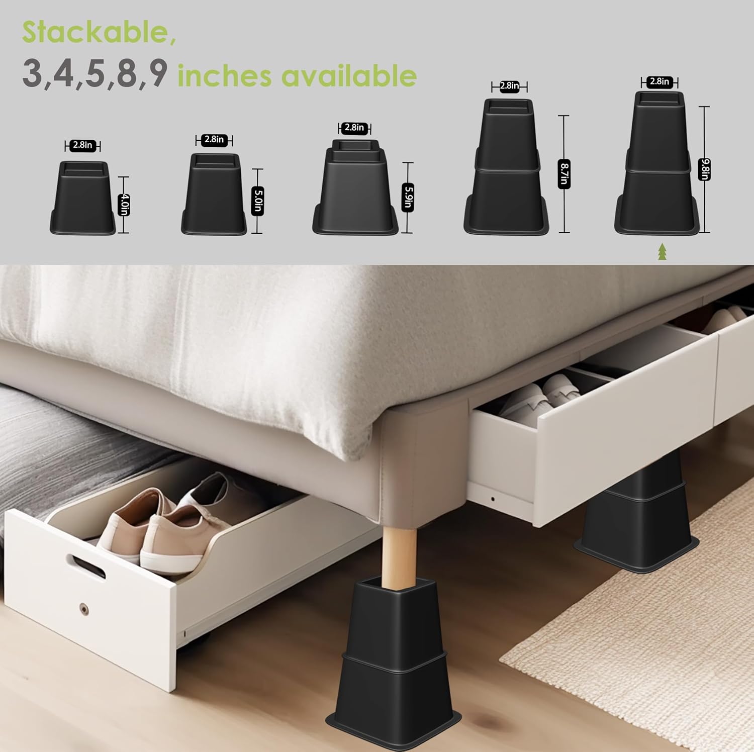 Sturdy Bed Riser Stackable 4-9 inches - Durable and Space-Saving for Your
