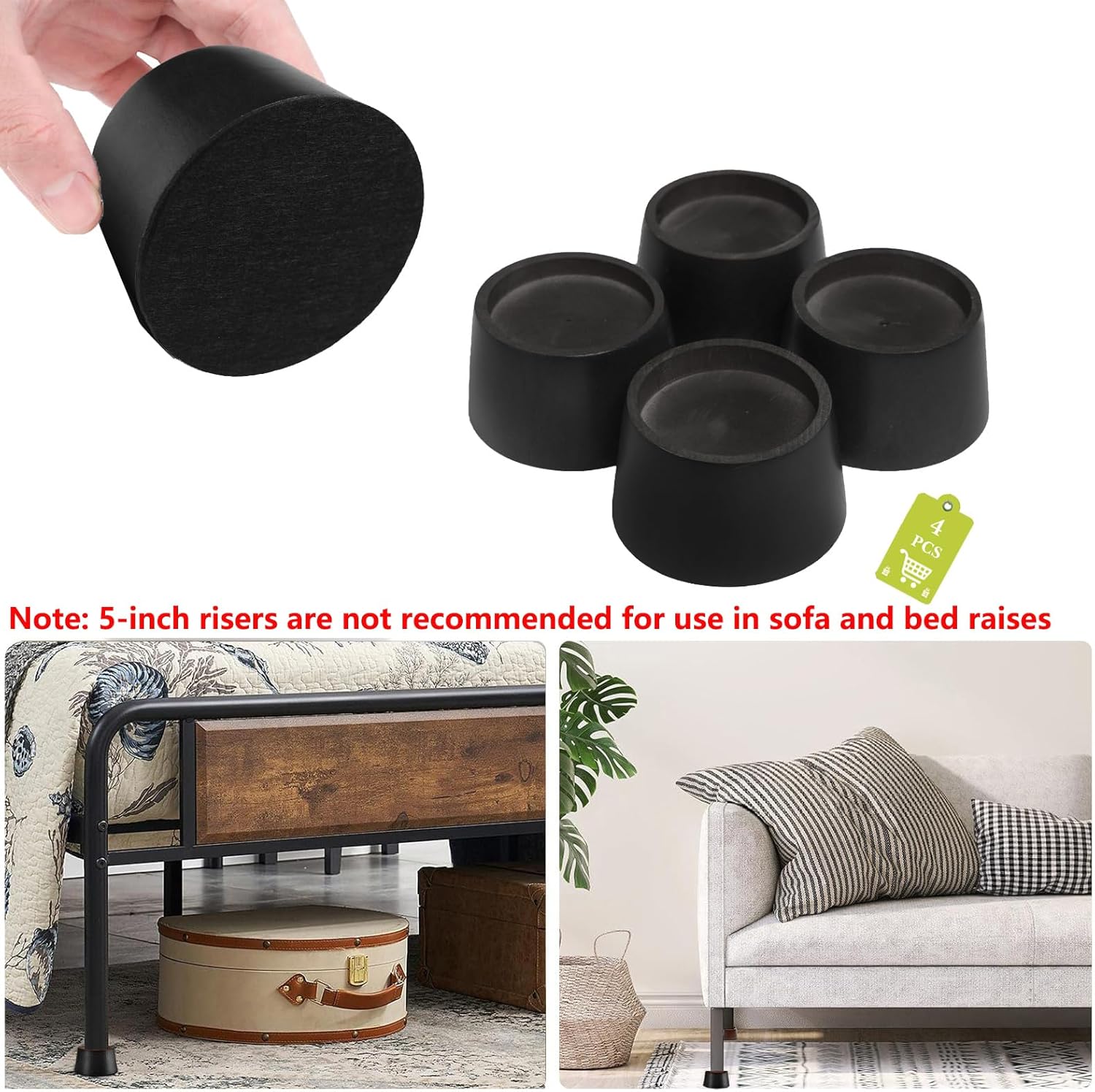 Black Tapered Bed Risers Set of 4 Heavy Duty Bed Risers with Felt Pads