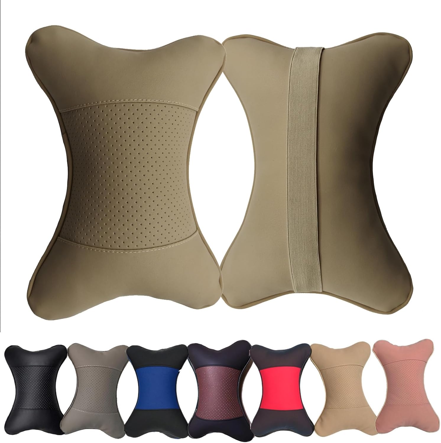 Protection for Neck Cervical Plus Comfort All in Your Car 2-Piece Car Neck Pillow - Pu Leather Soft Durable Beige