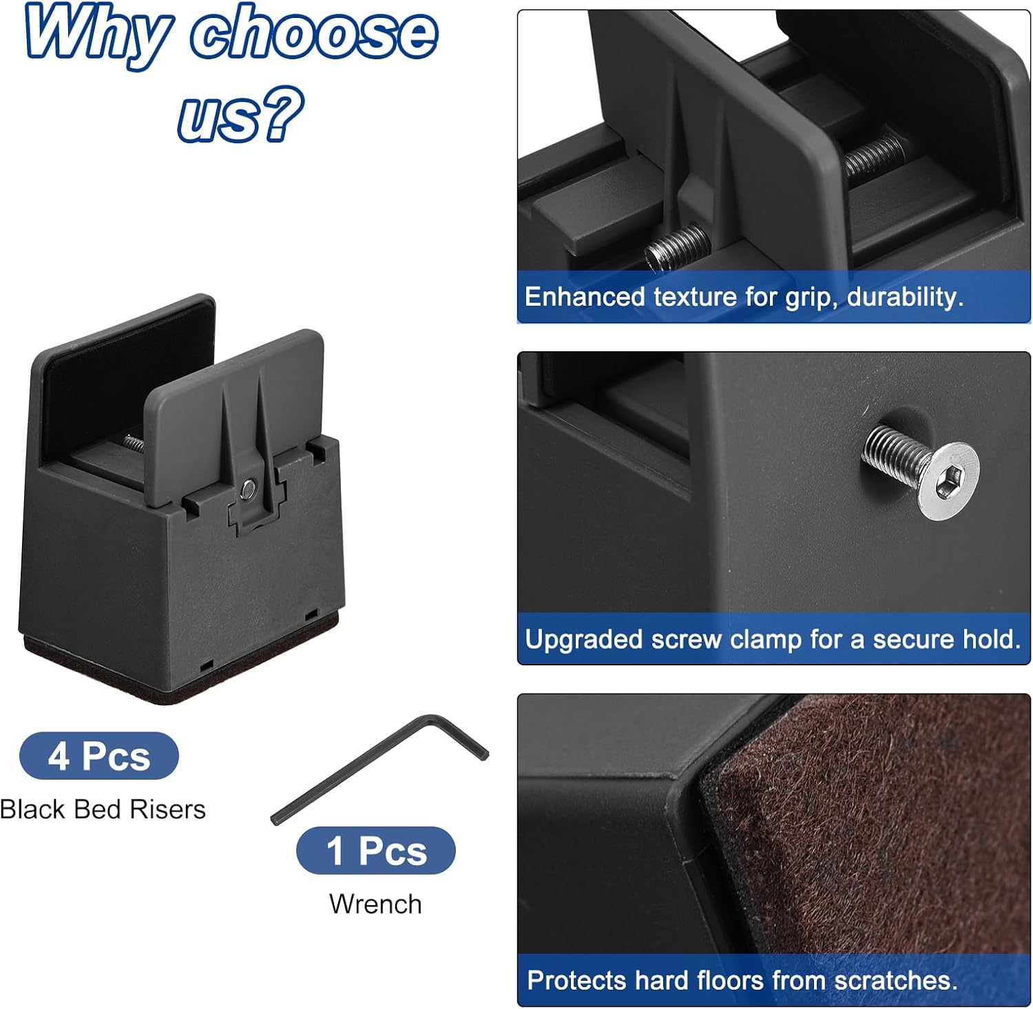 4-Piece Black Bed Risers Adjustable Sturdy for 5000 lbs Perfect for Home Kitchen