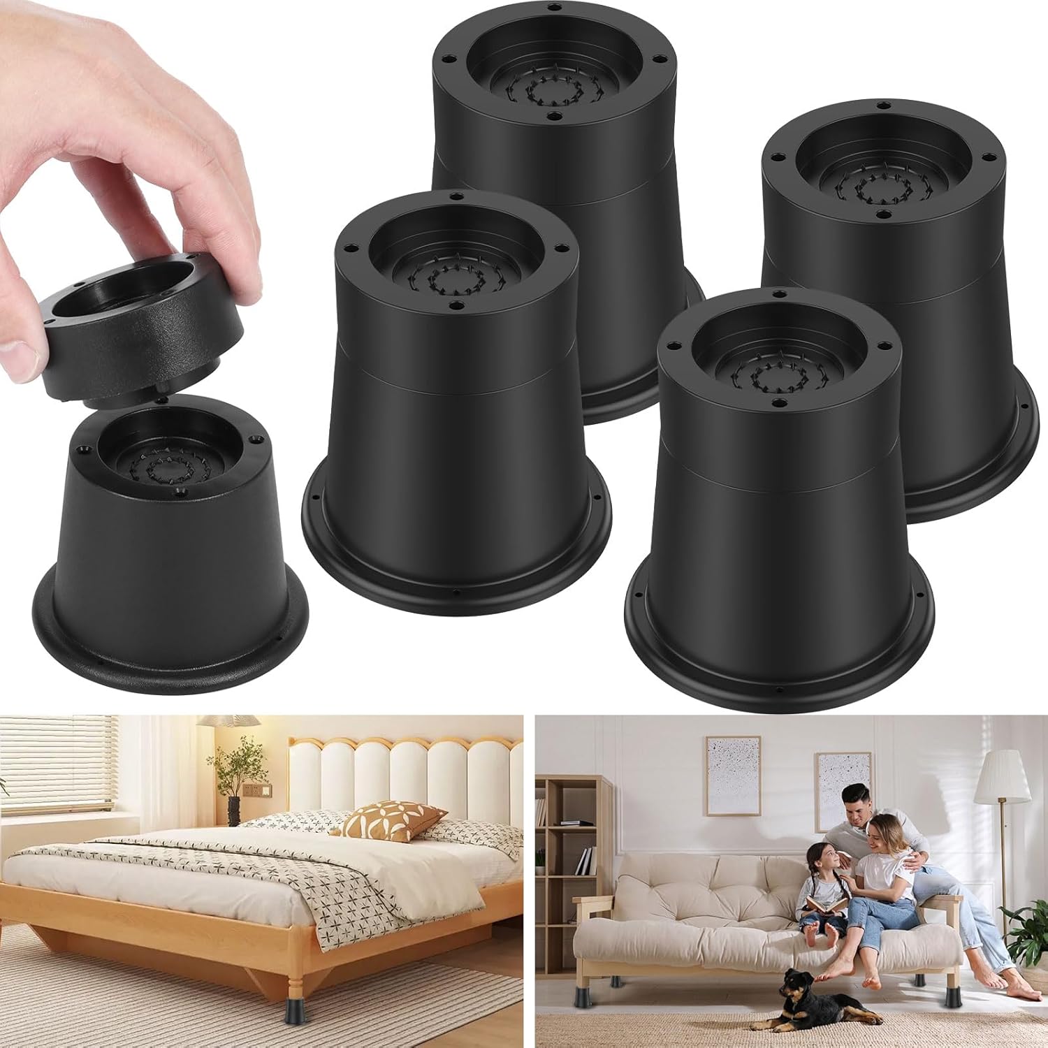 Adjustable Bed Risers for Beds Non-Slip Vibration Reduction 4-Pack Bed Riser Set