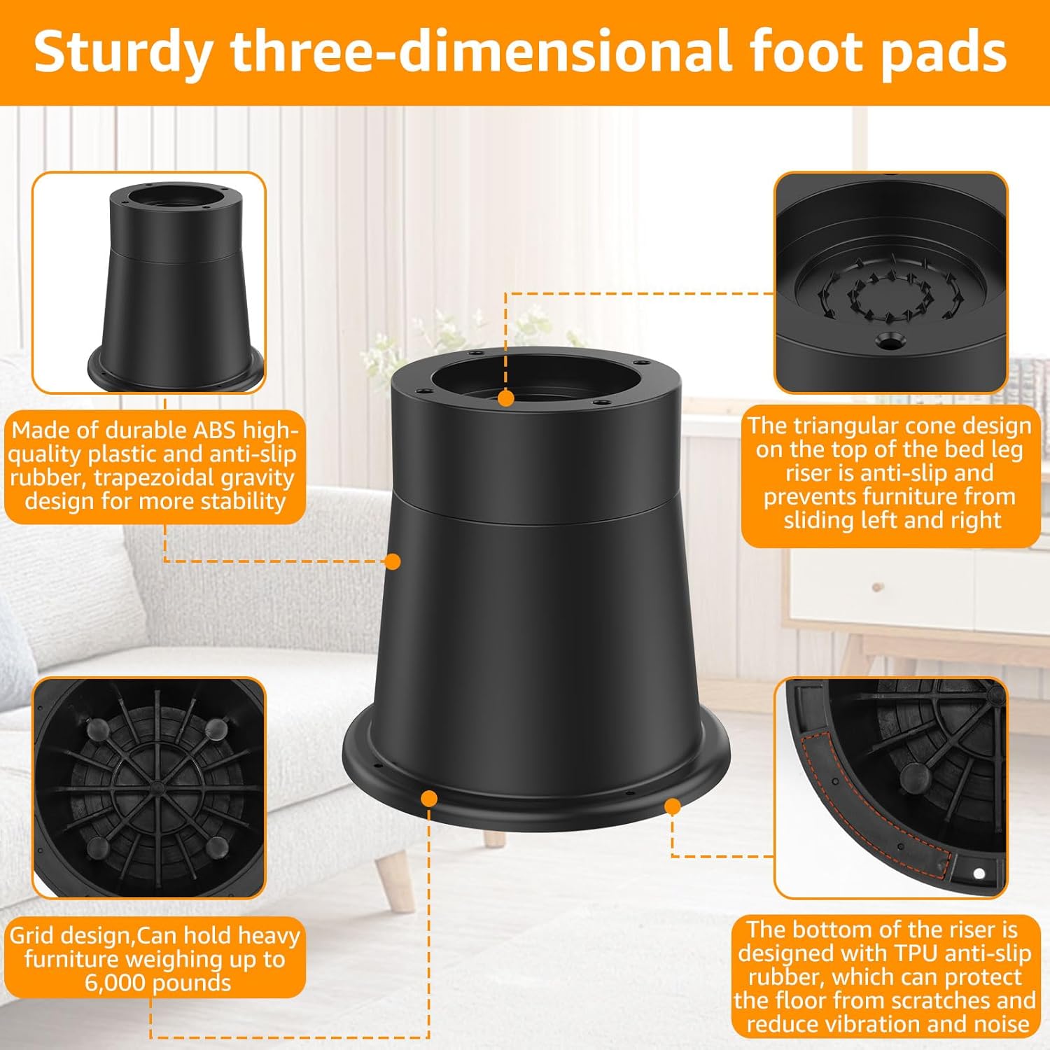 Adjustable Bed Risers for Beds Non-Slip Vibration Reduction 4-Pack Bed Riser Set