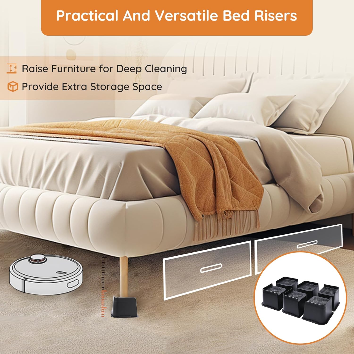 Sturdy Bed Risers Elevate Your Comfort with 6-Pack Support up to 6000 Lbs