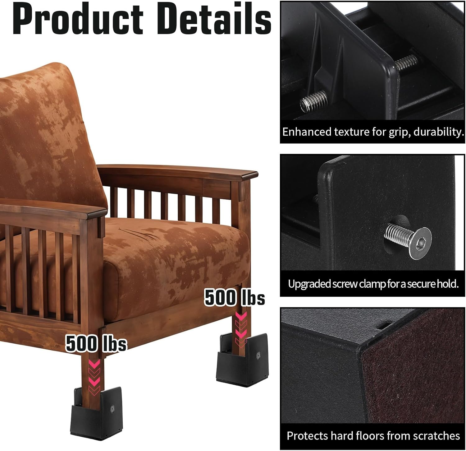 4 PCS 2 Inch Bed Risers Adjustable Furniture Risers Non-Slip Base 500Lbs Support Black